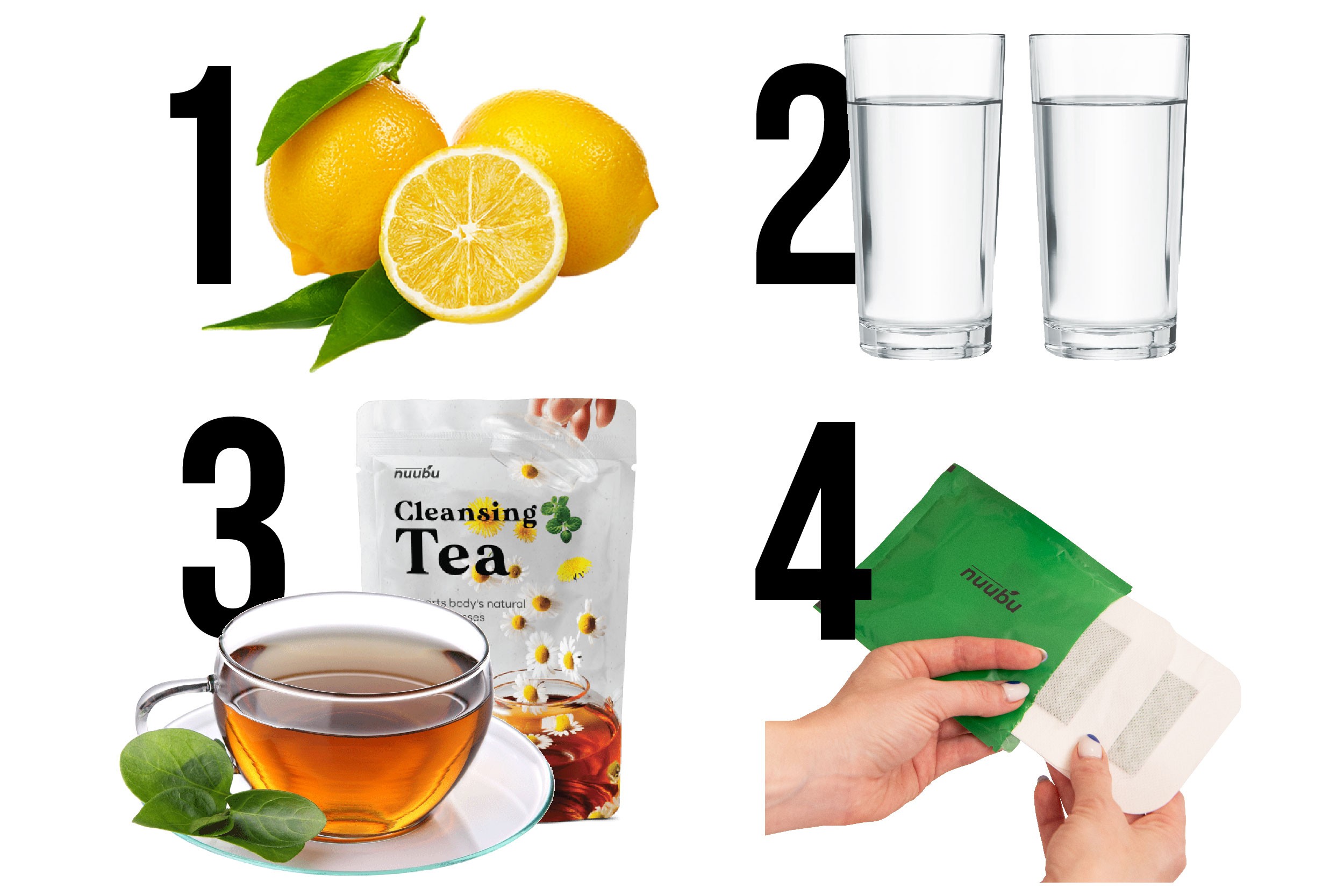 Bicchiere d'acqua con fette di limone, tazza di tè e cerotti detox, simbolo di un trattamento naturale per purificare il corpo e l'organismo